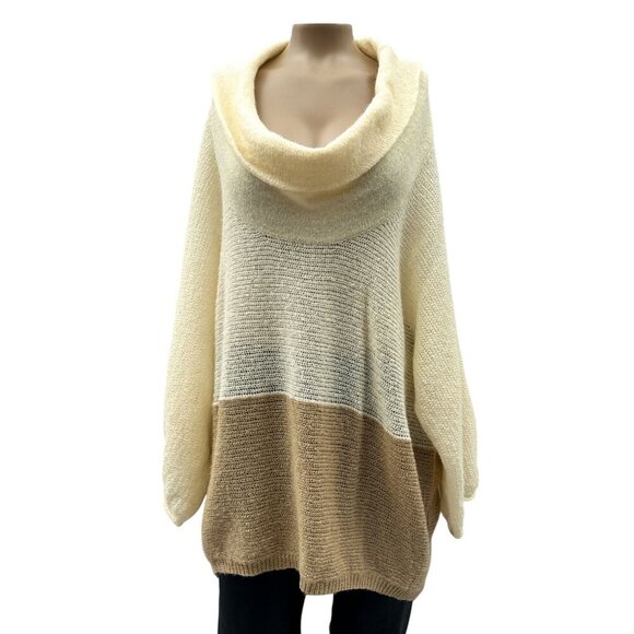 Splendid Colorblock Loose Fit‎ Knit Cowl Neck Tunic Sweater Cream Tan Women L - Picture 1 of 11